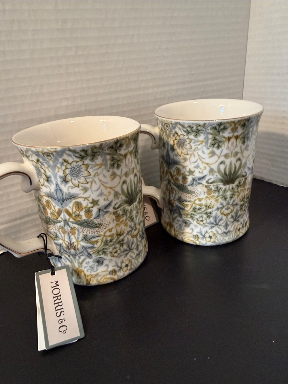 Morris & Co. Strawberry Thief Ceramic Mugs in Green and Gold Accents